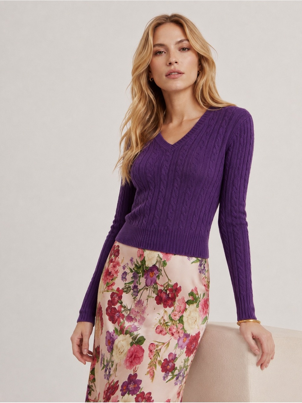 Angora Cashmere XS Purple Cable Knit Lambswool V-Neck Sweater Cozy Old Money Y2K